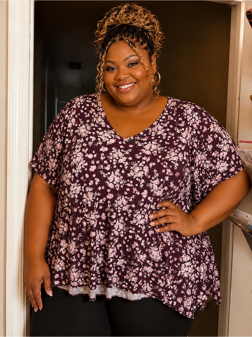 torrid Plum Floral V-Neck Short Sleeve Top
